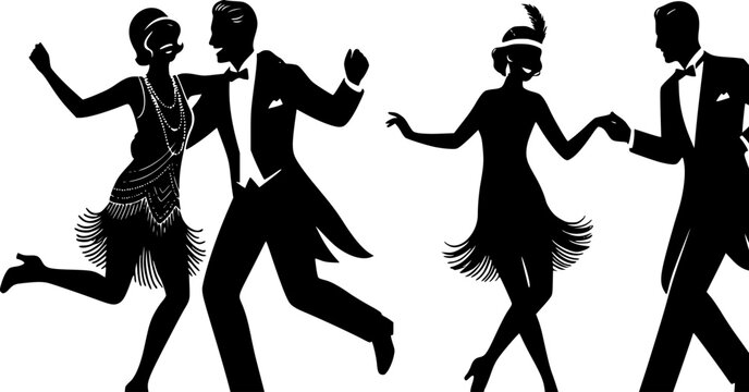 Minimalist vector silhouettes of two couples dancing in 1920s fashion. This high-contrast black design features flapper dresses and formal tuxedos, capturing the energy of the Jazz ...