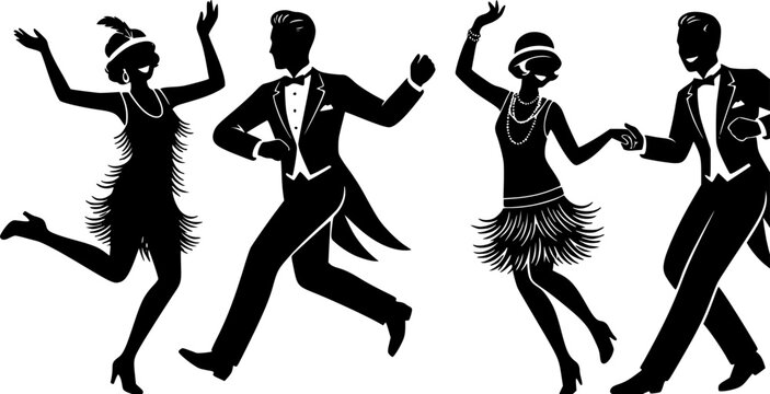Minimalist vector silhouettes of two couples dancing in 1920s fashion. This high-contrast black design features flapper dresses and formal tuxedos, capturing the energy of the Jazz ...