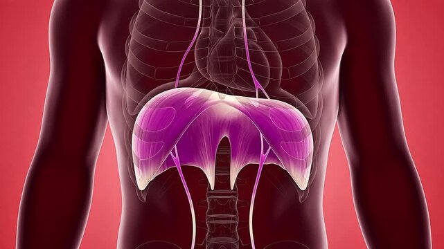 3D medical animation showing the human diaphragm muscle and the respiratory process within the thoracic cavity