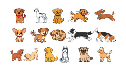 Obraz premium Dogs Group Doodle Pet Characters Flat Vector Illustration Set On PNG Background,puppy, pet, dog breed, doodle dog, cartoon dog, cute dog, dog character