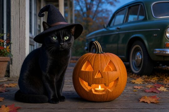 Boo! Scary Cute Slinky Sleek Fluffy Black Cat Kitty Kitten Wearing a Witch's Hat Sits Next to a Carved Pumpkin Jack-O-Lantern. Celebrating Halloween. Queen Royalty Theme Plushy Decoration. Abracadabra