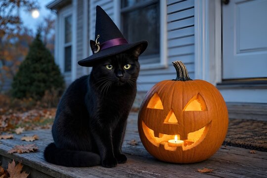 Boo! Scary Cute Slinky Sleek Fluffy Black Cat Kitty Kitten Wearing a Witch's Hat Sits Next to a Carved Pumpkin Jack-O-Lantern. Celebrating Halloween. Queen Royalty Theme Plushy Decoration. Abracadabra