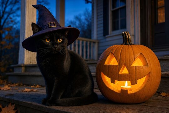 Boo! Scary Cute Slinky Sleek Fluffy Black Cat Kitty Kitten Wearing a Witch's Hat Sits Next to a Carved Pumpkin Jack-O-Lantern. Celebrating Halloween. Queen Royalty Theme Plushy Decoration. Abracadabra