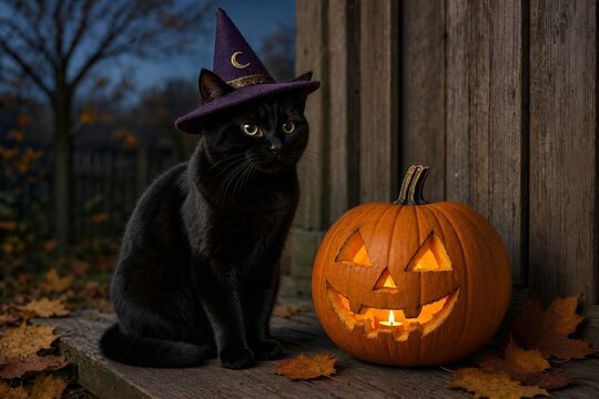 Boo! Scary Cute Slinky Sleek Fluffy Black Cat Kitty Kitten Wearing a Witch's Hat Sits Next to a Carved Pumpkin Jack-O-Lantern. Celebrating Halloween. Queen Royalty Theme Plushy Decoration. Abracadabra