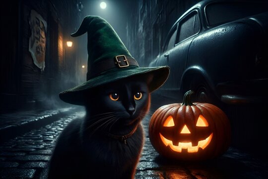 Boo! Scary Cute Slinky Sleek Fluffy Black Cat Kitty Kitten Wearing a Witch's Hat Sits Next to a Carved Pumpkin Jack-O-Lantern. Celebrating Halloween. Queen Royalty Theme Plushy Decoration. Abracadabra