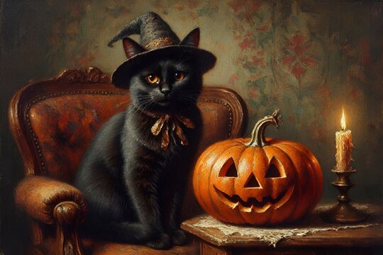 Boo! Scary Cute Slinky Sleek Fluffy Black Cat Kitty Kitten Wearing a Witch's Hat Sits Next to a Carved Pumpkin Jack-O-Lantern. Celebrating Halloween. Queen Royalty Theme Plushy Decoration. Abracadabra