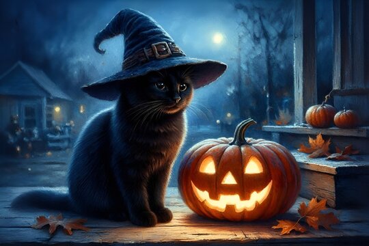 Boo! Scary Cute Slinky Sleek Fluffy Black Cat Kitty Kitten Wearing a Witch's Hat Sits Next to a Carved Pumpkin Jack-O-Lantern. Celebrating Halloween. Queen Royalty Theme Plushy Decoration. Abracadabra