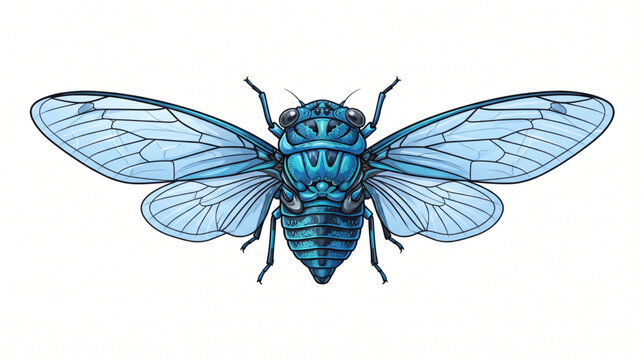 Detailed blue cicada insect illustration with transparent wings on white background