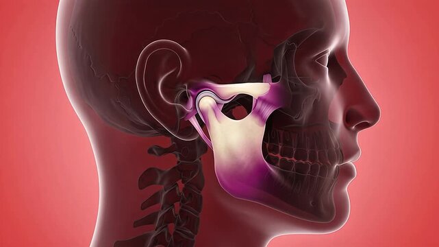 3D medical animation showing the movement of the human jaw and temporomandibular joint TMJ during mouth opening and closing