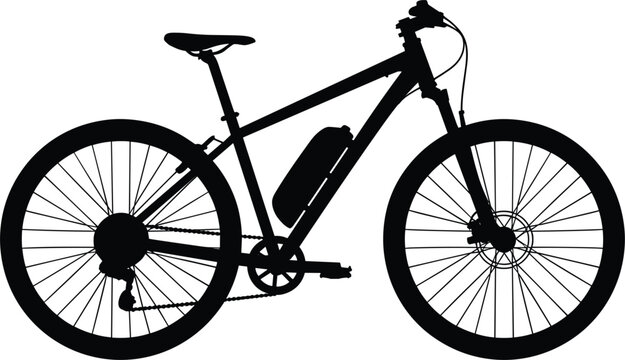 Modern electric mountain bike side view vector silhouette featuring a central battery pack on a white backdrop