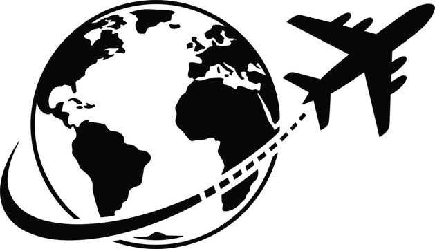 Global travel concept icon featuring a black passenger airplane flying around the planet earth globe sphere