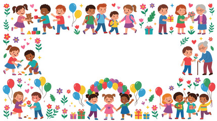 Fototapeta premium Cartoon Children Frame with Happy Kids and Flowers