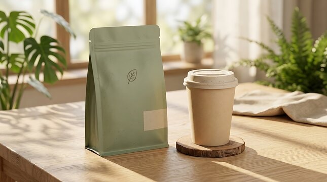Coffee bean bag and takeaway cup on a wooden table in a sunlit cafe