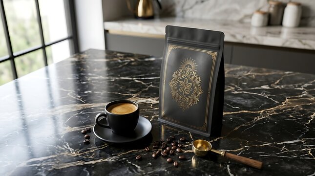 Black coffee cup and premium coffee bean bag on a luxurious marble kitchen counter