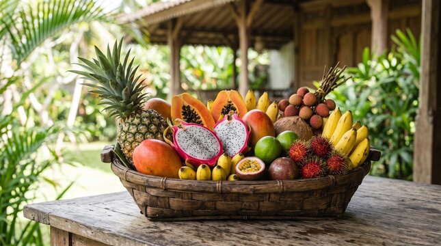 Exotic Tropical Fruit Basket Overflowing with Pineapple Dragon Fruit Papaya Lychee Bananas and Rambutan on Wooden Table