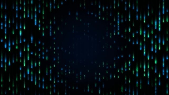 Cyberpunk digital rain background with falling blue and green data particles. Futuristic matrix style binary code stream motion graphics. High tech glowing light trails for sci-fi video. High