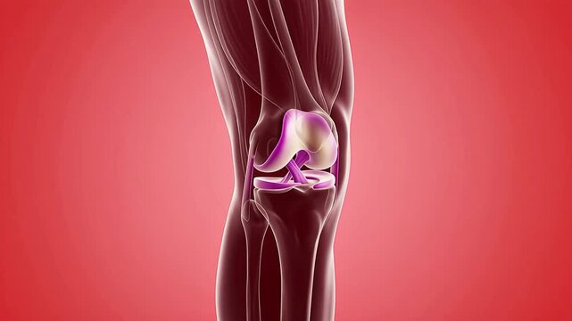 3D medical animation of the human knee joint illustrating the ligaments and bone structure on a red background