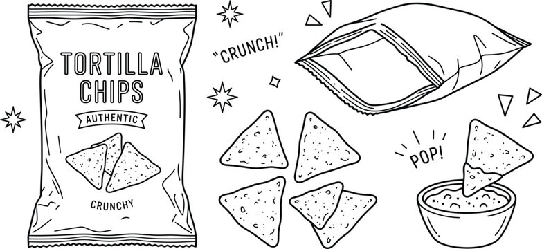 Tortilla chips and crunchy nachos line art vector bundle featuring retail packaging open bag dipping bowl and comic burst text elements