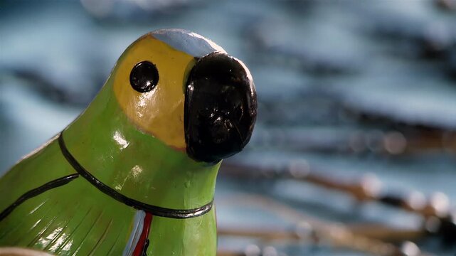 Close Up of Hand-Painted Wooden Parrot Figurine with Glossy Finish - 4K