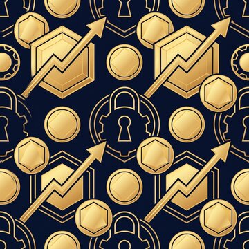 Seamless pattern with golden coins and upward growth arrows representing financial security and investment success.