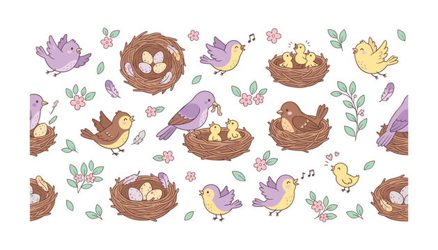 Cute spring bird vector pattern featuring cartoon birds in nests with eggs mother feeding chicks flowers and leaves illustration