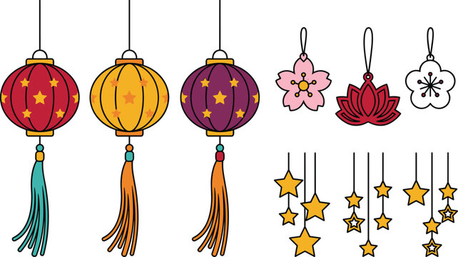 Traditional Asian Hanging Lantern Set with Cherry Blossom Lotus Flower and Star Garland Elements for Lunar New Year Graphic Design Vector Illustration