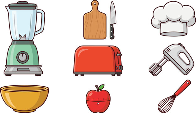 Kitchen Appliance and Cooking Utensil Icon Set with Blender Toaster Hand Mixer Chef Hat and Timer for Culinary Vector Graphic Design