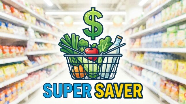 A colorful illustration of a grocery basket filled with fresh produce inside a blurred supermarket aisle with vegetables dollar sign
