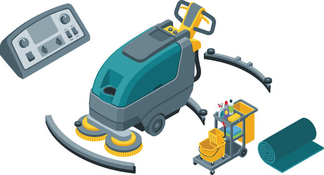 Isometric Floor Scrubber Machine Set with Industrial Cleaning Cart Squeegee Roll Mat and Control Panel Equipment for Commercial Janitorial Services Vector Illustration