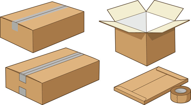 Corrugated Cardboard Box Set with Open Sealed Cargo Packages Bubble Mailer Shipping Envelope and Packing Tape for Logistics Delivery Vector Illustration