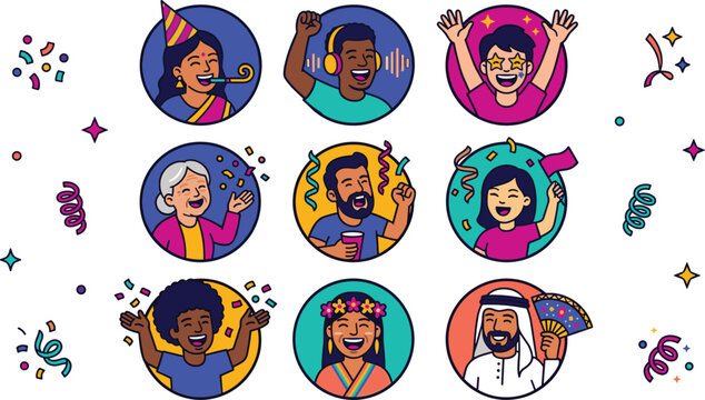 Diverse People Avatar Character Set Celebrating Holiday Parties with Confetti and Music for Social Media Profiles Graphic Design Vector Illustration