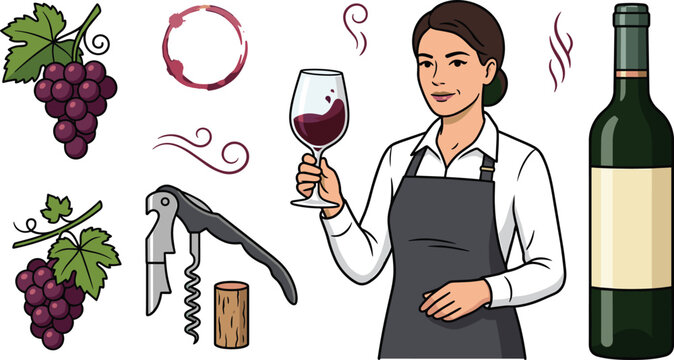Female Sommelier Character Set with Red Wine Glass Bottle Grape Bunch Corkscrew and Stain Elements for Restaurant Menus Vector Graphic Design