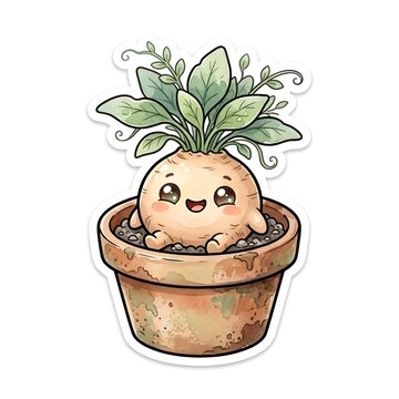 Cute cartoon mandrake plant character sitting in a terracotta pot with green leaves on white background