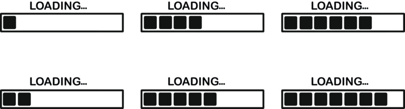 Six horizontal progress bar indicators with various loading stages in simple black and white loading indicator web interface UI design software