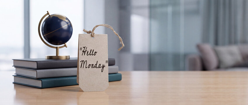 Hello Monday greeting tag on a wooden office desk with a stack of books and a small globe, representing a fresh start to the work week, career motivation, and professional workspace environment.
