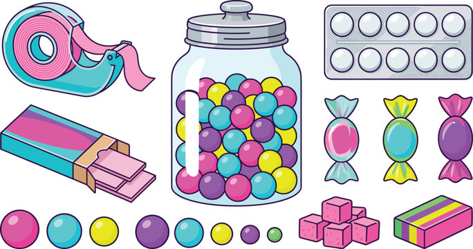 Colorful Chewing Gum and Bubblegum Vector Clipart Set with Gumball Jar Tape Dispenser Blister Pack and Wrapped Sweets for Confectionery Designs