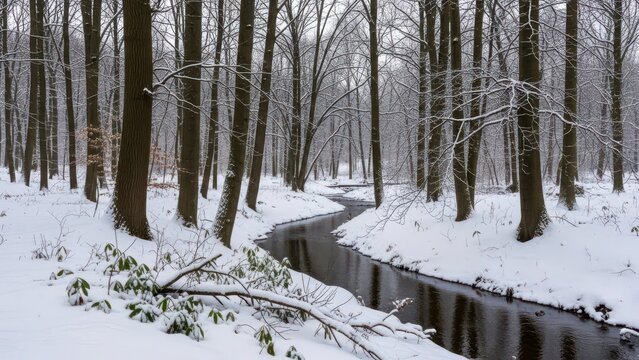 Winter forest landscape with winding river, snow covered trees in a peaceful woodland scene, serene frozen creek flowing through a snowy park, cold seasonal nature background for travel