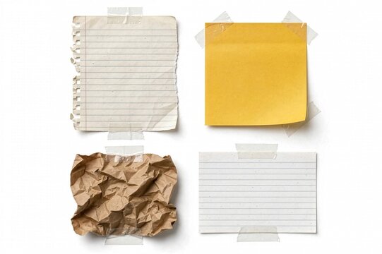 Collection of various paper notes, including lined notebook pages, yellow sticky note, and crumpled brown paper taped to a white background
