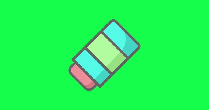 A colorful rubber eraser rubs away a dark line against a chroma key green background, illustrating error correction, mistake removal, editing, and clean slate concepts.