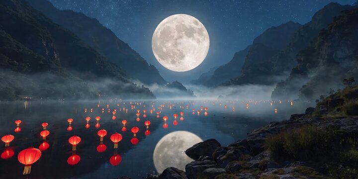 Red lanterns floating on a misty mountain lake under a bright full moon with mid autumn festival misty mountains night landscape asian festival chinese tradition night sky lunar festival