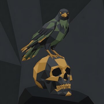 Geometric raven bird perching on a stylized human skull in a low poly digital art style
