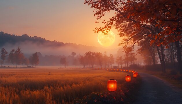 Glowing lanterns along a path in a foggy rural landscape at golden sunset with misty morning country road autumn foliage peaceful nature golden light outdoor lighting nature scenery