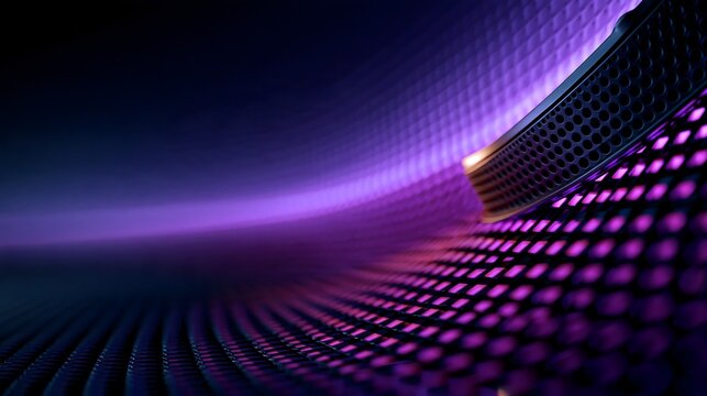 Abstract macro background of curved digital mesh surface with glowing purple led lights illustrating futuristic technology texture and modern electronic engineering