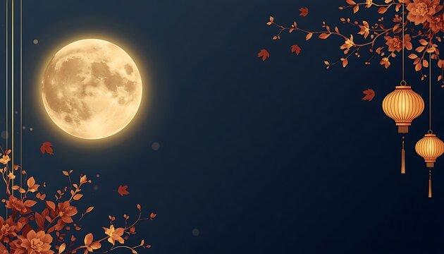 Bright full moon shining over traditional chinese lanterns and autumn foliage on a dark blue background with mid autumn festival lunar festival fall leaves night sky asian culture