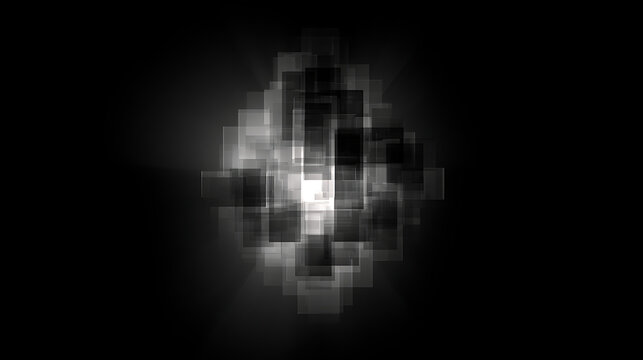 Abstract geometric pattern with grayscale squares radiates from a bright central point radiant