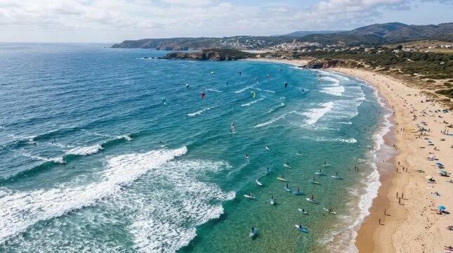Aerial drone panorama of surfers and windsurfers enjoying a sunny day on a vibrant ocean coastline with sandy beaches and rolling hills.