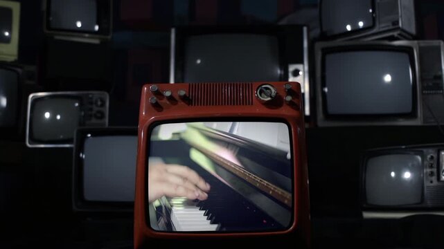 Retro TV Screen Showing Piano Playing Exploding And Breaking Into Glass Shards - 4K