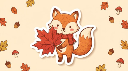 Fototapeta premium Cute Cartoon Fox with Maple Leaf Sticker
