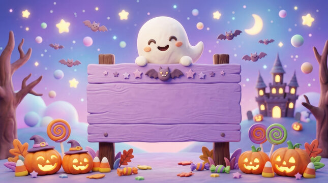 Cute Halloween Ghost with Wooden Sign and Candies