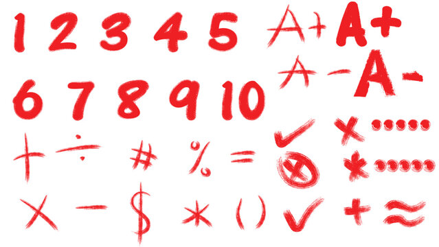 Set of handwritten red numbers mathematical symbols and school grading marks isolated on a plain white background for design